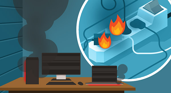 Picture of computer workstation risk of technology fire in home.